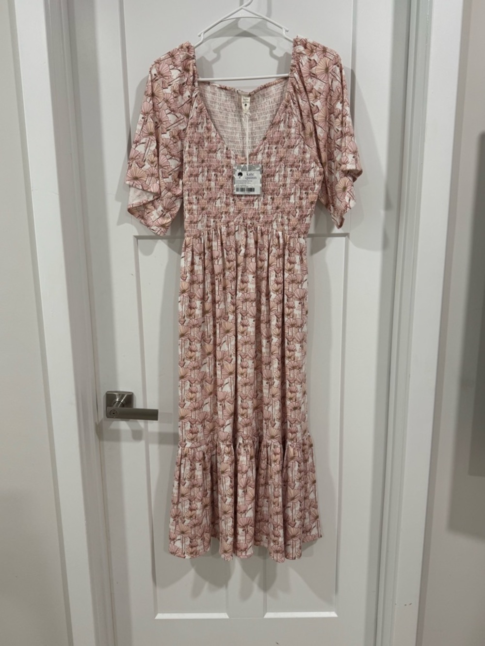 Women’s Flutter Sleeve Smocked Midi Dress in Pink Poppies